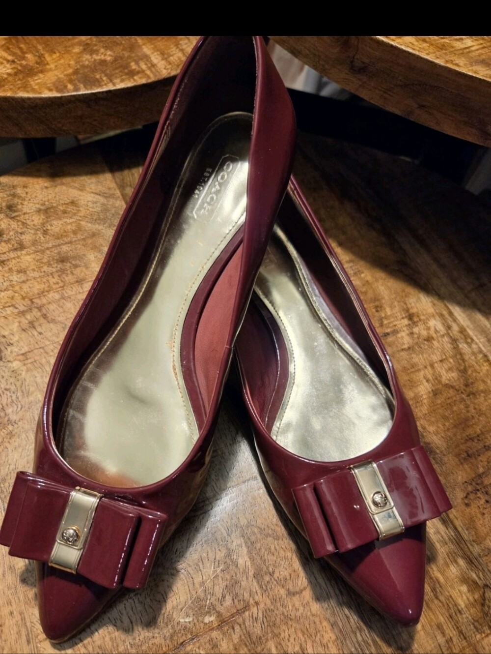 Coach Women's Burgundy Patent Pointed-Toe Flats with Bow
